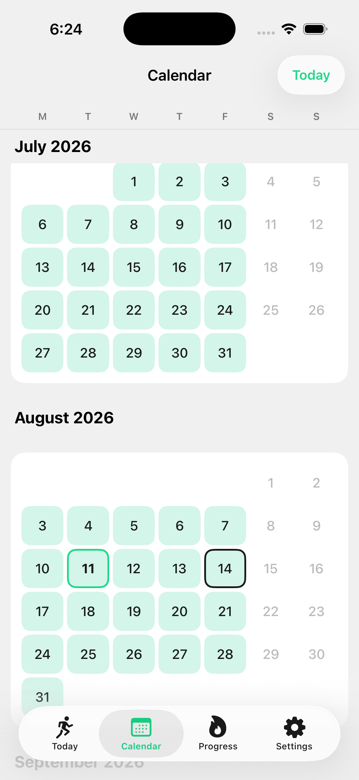 DRILL calendar screen showing scheduled training days across a month