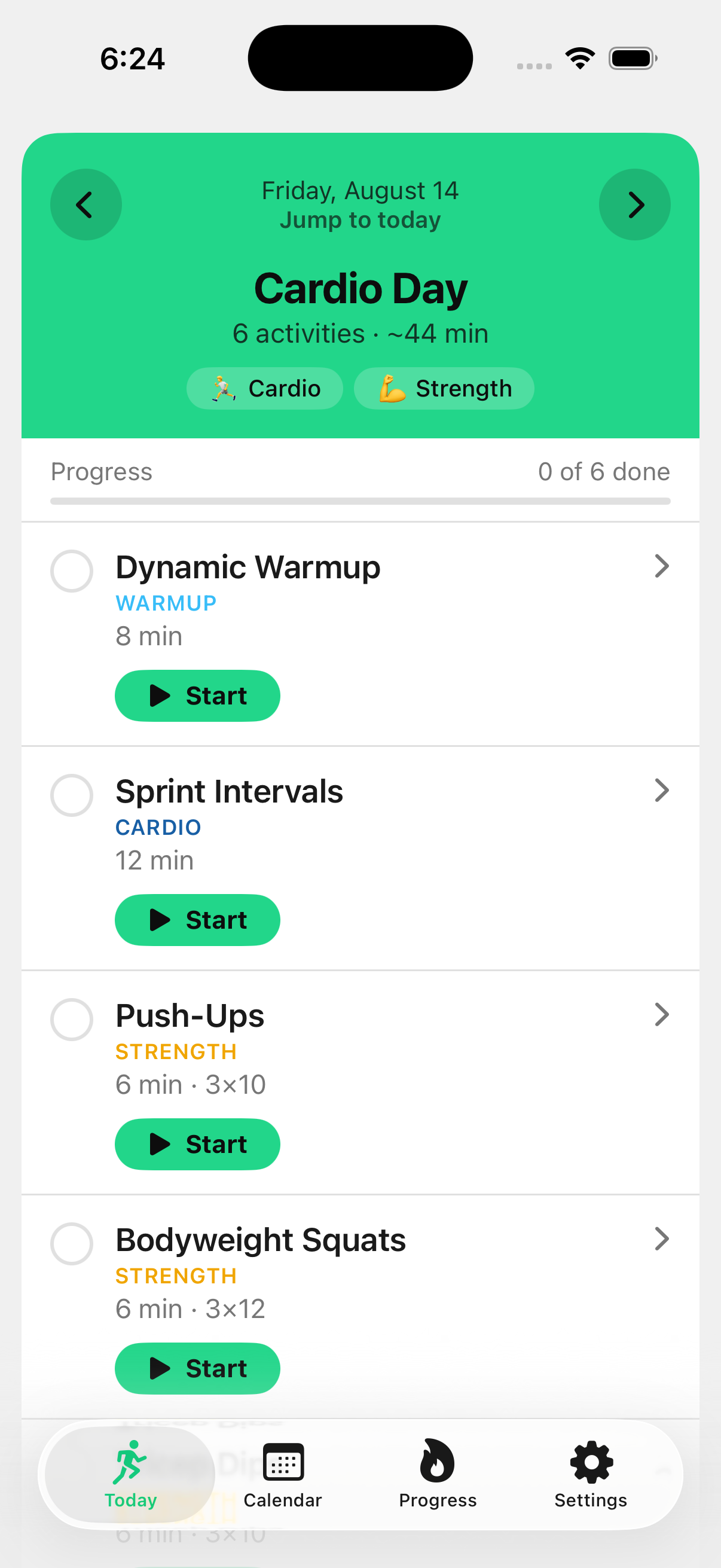 DRILL today screen listing the day's exercises with start buttons